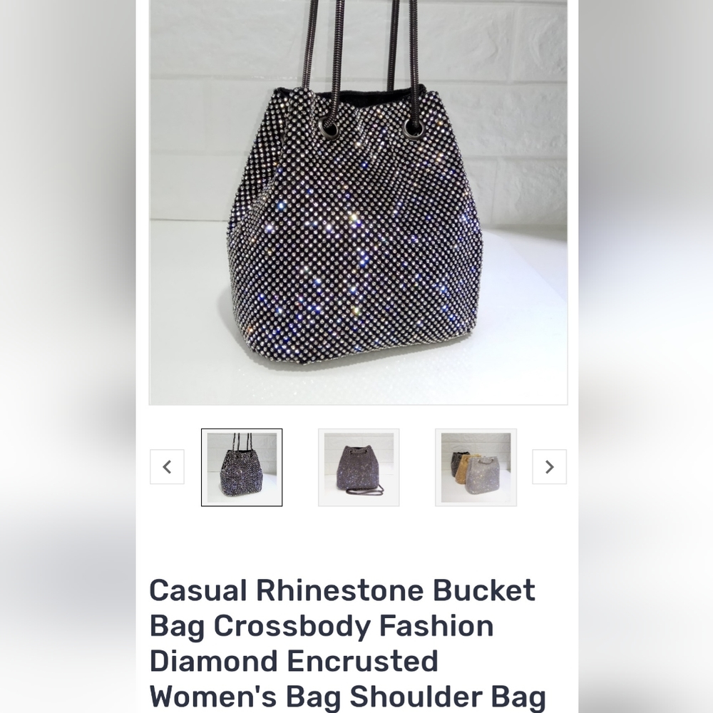 Black & Silver Mini Bucket Bag Crossbody Cinch w/Diamond Encrusted Detail